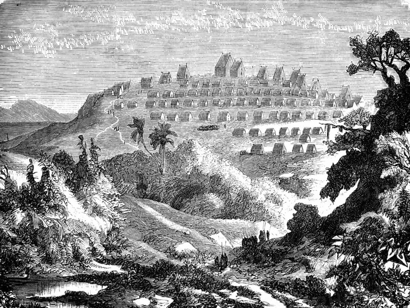 The town of Antananarivo on a hill in Madagascar, island in the Indian Ocean, houses in several rows, church, mountain landscape, wild natural landscape, trees, bushes, lake, colonial period, historical illustration 1886