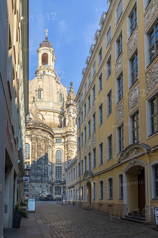 Church of Our Lady seen through the Salzgasse, Dresden, Saxony, Germany
