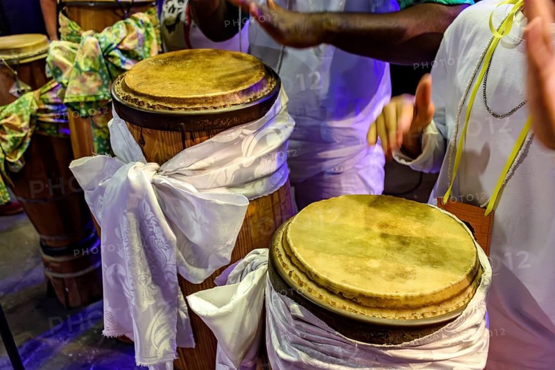 Decorated drums in a nighttime Umbanda religious ceremony, Brazil