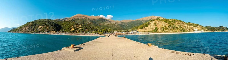 Panoramic on the beach of the Albanian riviera near Vlore in the summer holidays, Albania