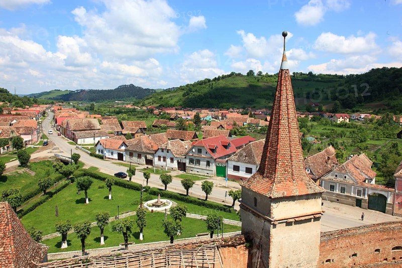 Romania, view of the village from the tower of the fortified church of Mosna, German Meschen or Mäschen, municipality in the district of Sibiu in Transylvania