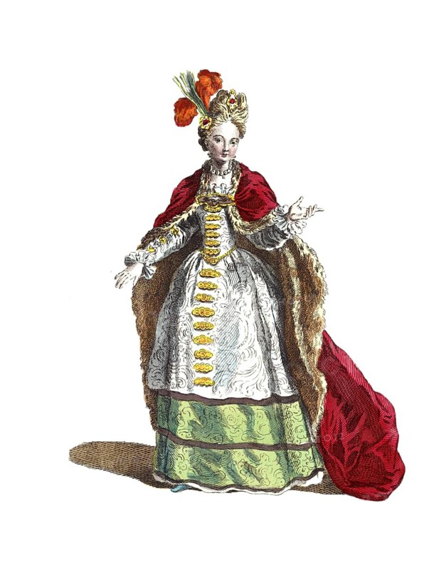 Historical clothing, fashion over the course of time, clothing of the Queen of Poland and Electress of Saxony in 1700, digitally restored reproduction of a model from the 18th/19th century, exact date unknown, noblewoman in baroque gown with wig and red accents