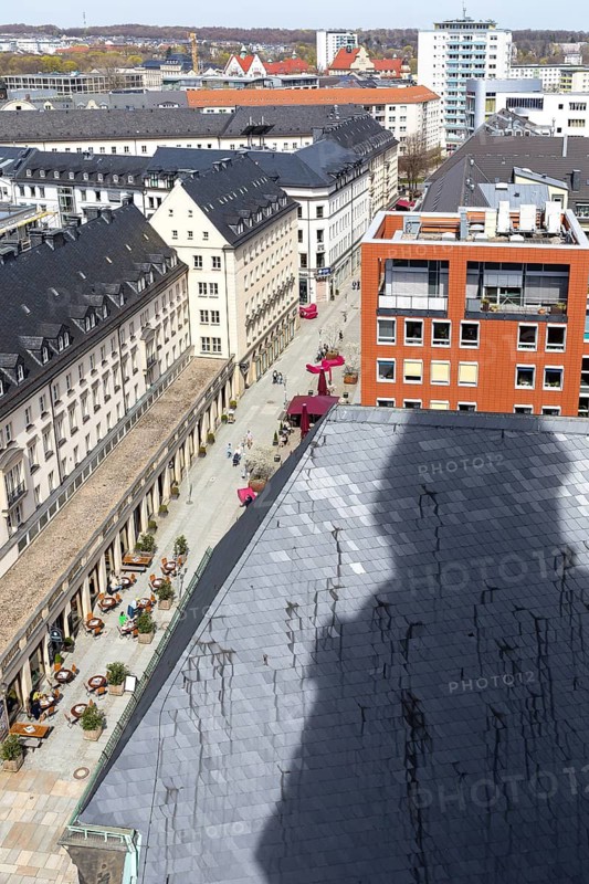 View from the high tower of the Jakobikirche to the city centre with pedestrian zone Innere Klosterstraße, Chemnitz, Saxony, Germany
