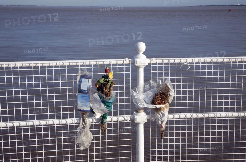 Floral memorials to those lost at sea, River Humber, Hull, Yorkshire, England, United Kingdom