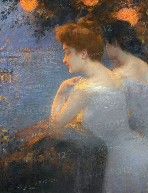 Fête vénitienne is a well-known work by the French academic painter Delphin Enjolras (1857-1945) . The painting shows two elegant female figures in evening dress on a balcony or terrace in front of a nocturnal water landscape reminiscent of Venice. One of the figures gazes thoughtfully into the distance, illustration, reproduction from a painting. Authentic, File restored for optimal use, Exact date of original unknown, Historical, Two woman standing on a balcony, looking towards the lake in a romantic evening mood
