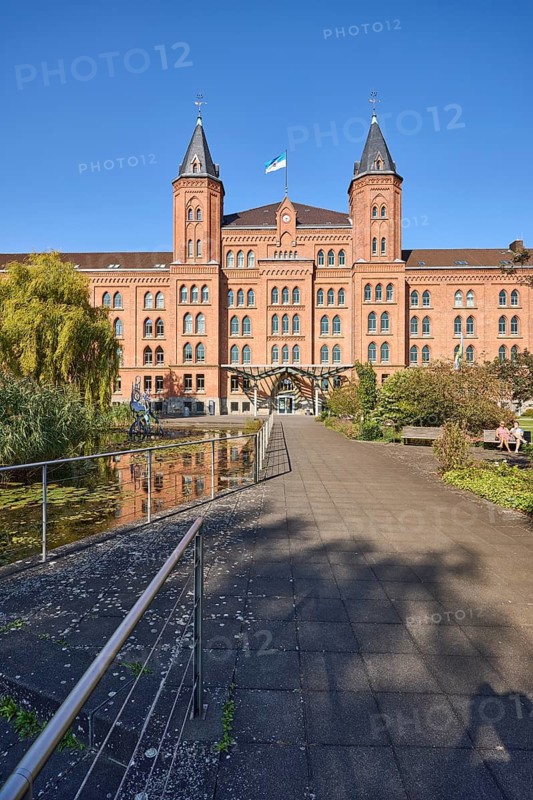 New town hall, brick architecture, architectural style neo-gothic, park, trees, footpath, pond, metal railing, blue sky, cloudless, street Am Französischen Garten, Celle, Lüneburger Heide, district Celle, Lower Saxony, Germany