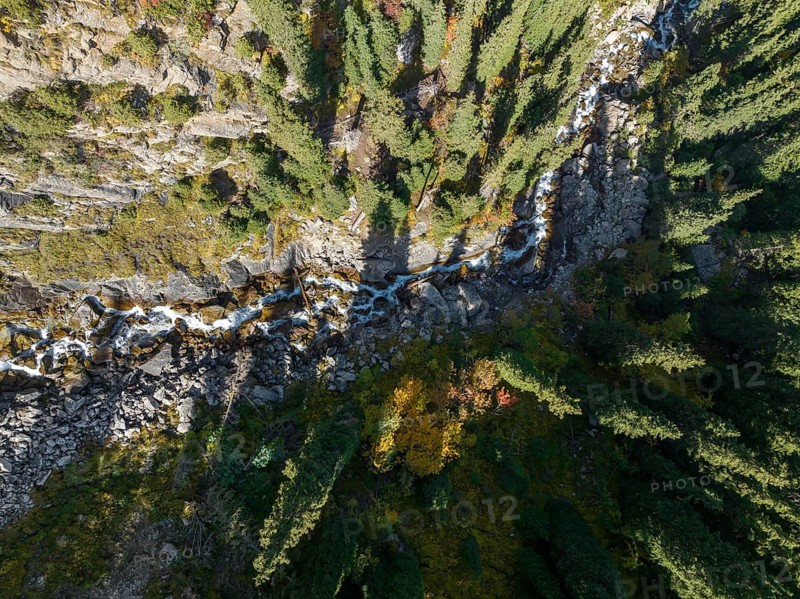 Top-down, aerial view, mountain landscape with stream in a mountain valley, Jeti-Ögüz, Issyk-Kul region, Kyrgyzstan