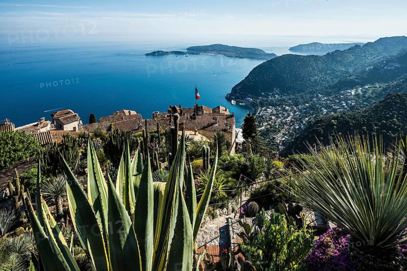 Picturesque mountain village overlooking the sea, Jardin Exotique, Èze, Cote d'Azur, Alpes-Maritimes, Provence-Alpes-Cote-d'Azur, South of France, France