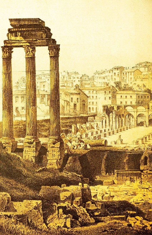 View of ancient Rome from the Roman Forum, ruins, cityscape, columns, houses on the hillside, Italy, coloured historical illustration from 1882