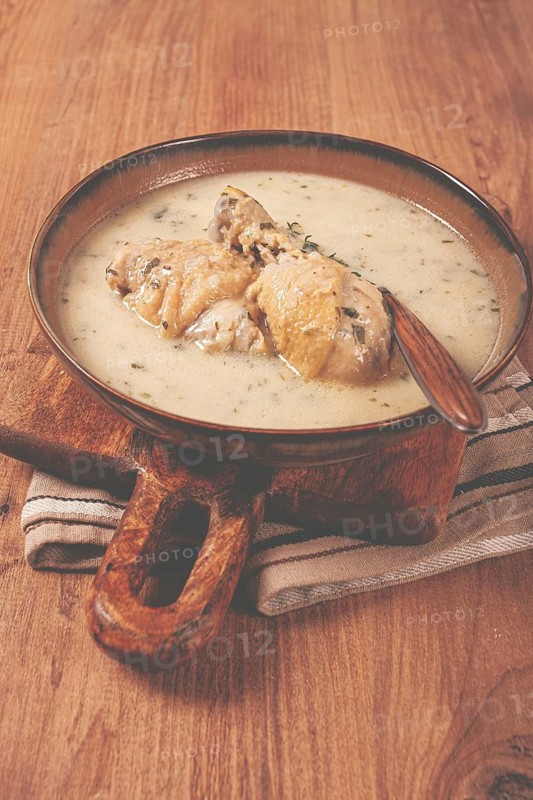 Chikhirtma chicken soup, Georgian dish, with lavash, top view, no people