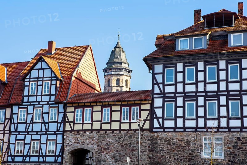 View of Hannoversch Münden, Kasseler Schlagd, River Fulda, Lower Saxony, Germany