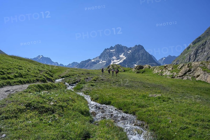Stream in meadow behind glacier of the Agnieux group, Villar-d'Arêne, Département Hautes-Alpes, France