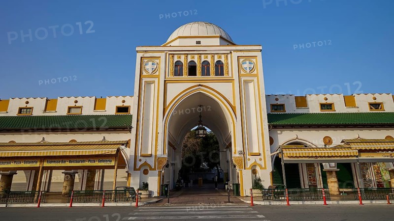 Market Hall, Nea Agora, building with a large dome and arches in yellow and white, elegant historical style under a clear sky, Rhodes Old Town, Rhodes Town, Rhodes, Dodecanese, Greek Islands, Greece
