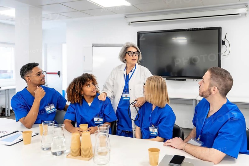 Senior doctor in a lab coat guiding a diverse group of young healthcare students in blue scrubs through clinical training and discussion in a hospital classroom setting