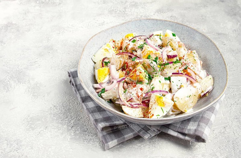 Potato and egg salad, red onion, with mayonnaise, homemade, no people