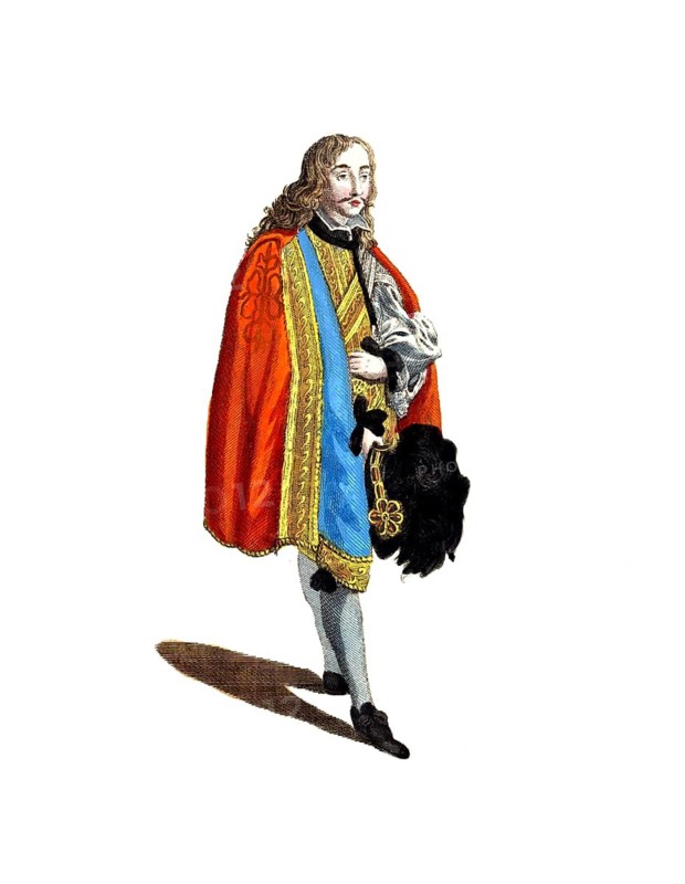 Historical clothing, fashion over the course of time, clothing of a distinguished gentleman from Spain, around 1660, digitally restored reproduction of a model from the 18th/19th century, exact date unknown, man in decorative Renaissance cloak with long hair and accessories