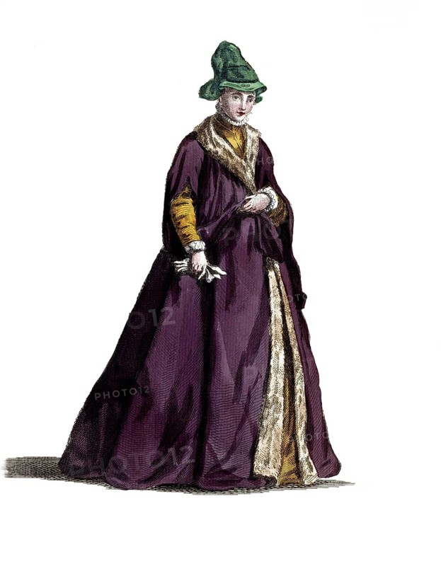 Historical clothing, fashion in the course of time, clothing of a noble lady from Sweden, around 1580, digitally restored reproduction of a model from the 18th/19th century, exact date unknown, woman in simple dark purple dress with green hat, classic and simple design