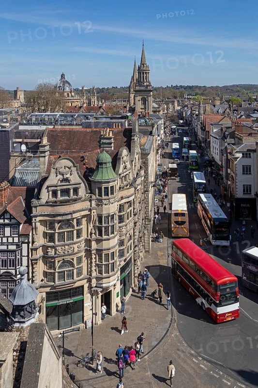 View from the Carfax clock tower, dome of the Radcliffe Camera library, steeple of All Saints Church, High Street, Oxford, England, Great Britain