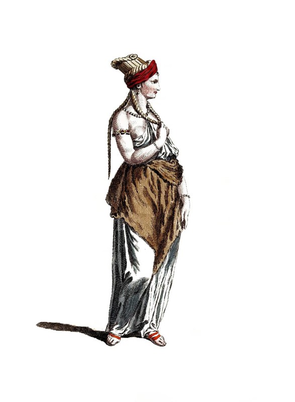 Historical clothing, fashion in the course of time, clothing style of an Arab woman in 1581, Arabia, digitally restored reproduction of a model from the 18th/19th century, exact date unknown, woman in Egyptian style, elegant with headscarf and wraparound clothing