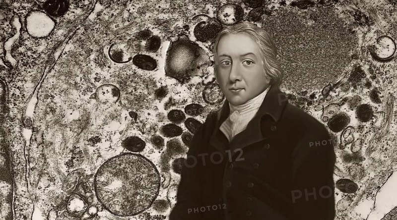 Edward Jenner, 1749-1823, English physician and scientist, digitally restored, with Orthopoxvirus variola viruses in the background