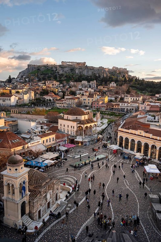 View over the old town of Athens, with Panagia Pantanassa Church, Tzisdarakis Mosque and Acropolis, Monastiraki Square, in the evening light, Athens, Attica, Greece