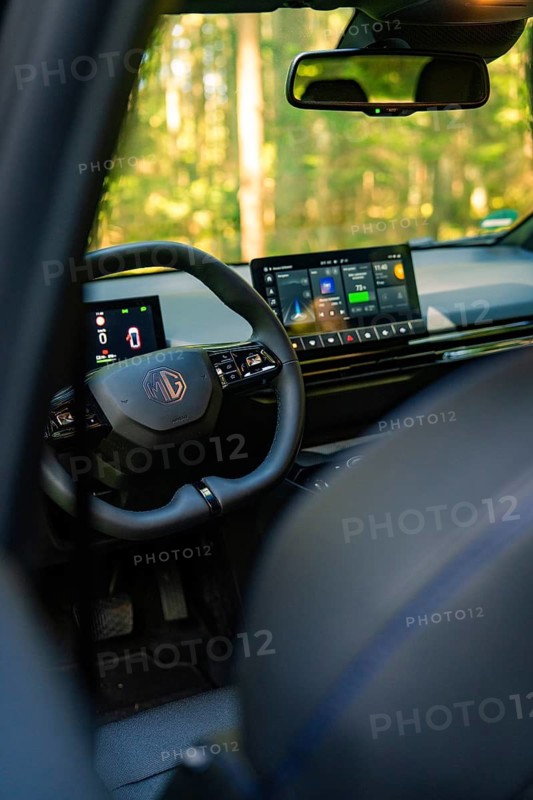 Modern interior of a black car with touchscreen in the forest, Deer E- Carsharing, Calw, Black Forest, Germany