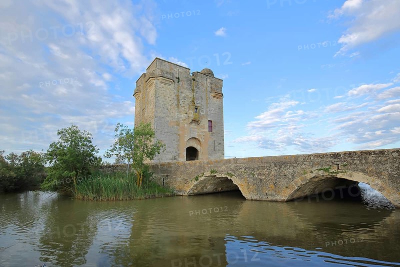 Historic Tour Carbonnière built in 1346, defence defence tower and stone arch bridge, lake, Aigues-Mortes, Gard, Camargue, Provence, France