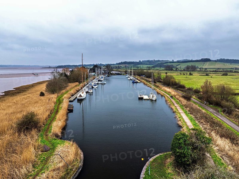 Turf Lock and Exeter Canal from a drone, Exminster, Exeter, Devon, England, United Kingdom