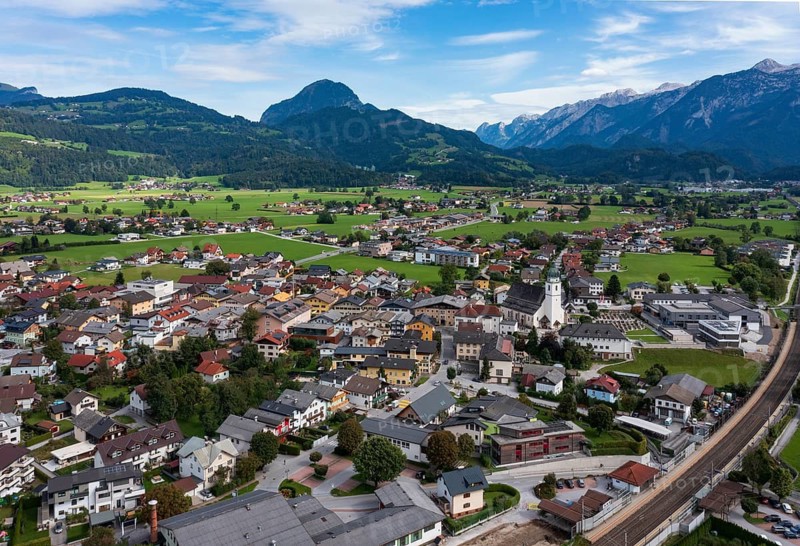 Drone shot, view of village with church, Kuchl, Salzachtal, Tennengau, Salzburg province, Austria