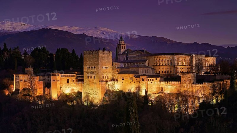 Spain, Granada, Alhambra at late hour, city castle, Granada, Spain