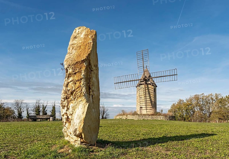 Windmill and Menhir, Les Moulins De Calon, Montagne, France
