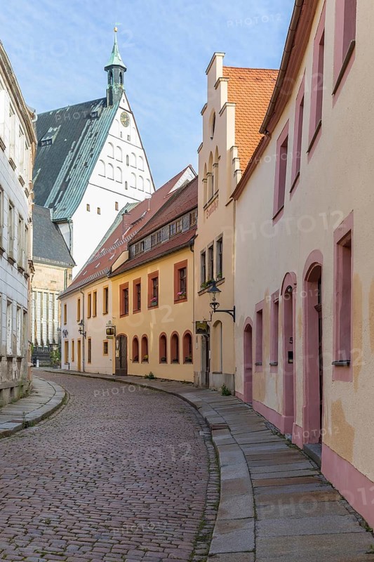 Historic Kreuzgasse with a view of the cathedral, Freiberg, Saxony, Germany