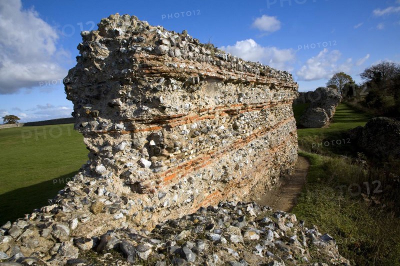 Brick work walls of Roman fort, Burgh Castle, Great Yarmouth, Norfolk, England, United Kingdom