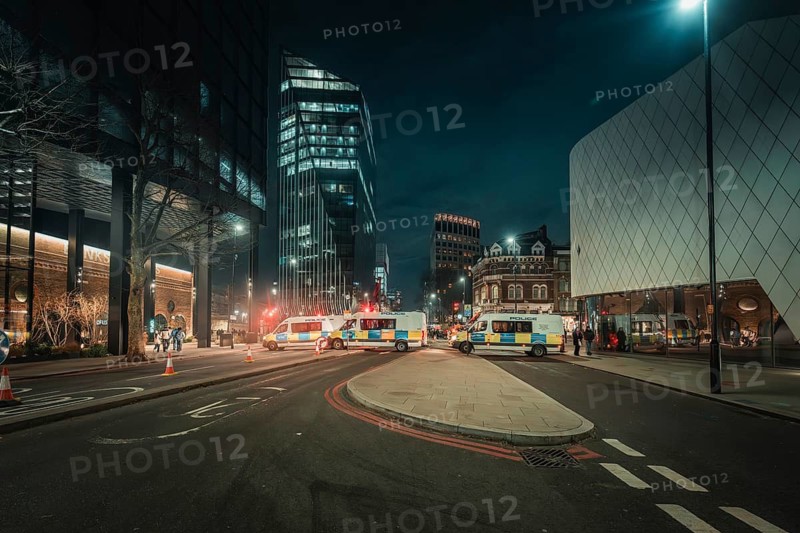 Street scene in a modern city at night with illuminated buildings and wide street, New Year's Eve London, United Kingdom