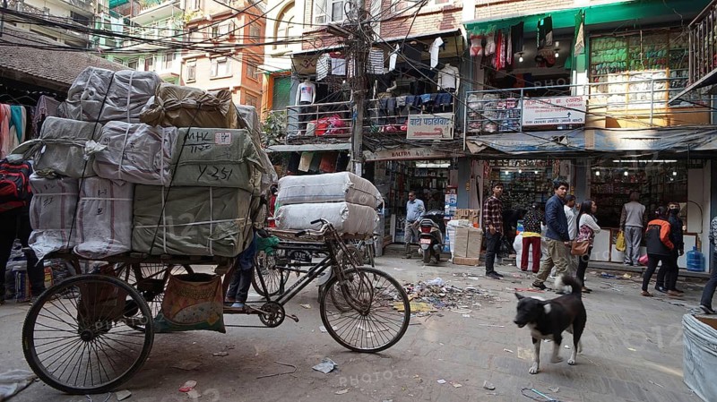 Overloaded bicycle rickshaws on a lively street with shops and a dog on the ground, Kathmandu, Nepal
