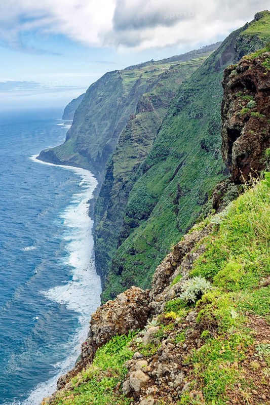 View of the cliffs and the Atlantic Ocean from the Ponta do Pargo lighthouse viewpoint, Madeira, Portugal
