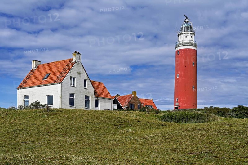 Lighthouse Eierland with houses, De Cocksdorp, Texel, West Frisian Islands, province North Holland, Netherlands