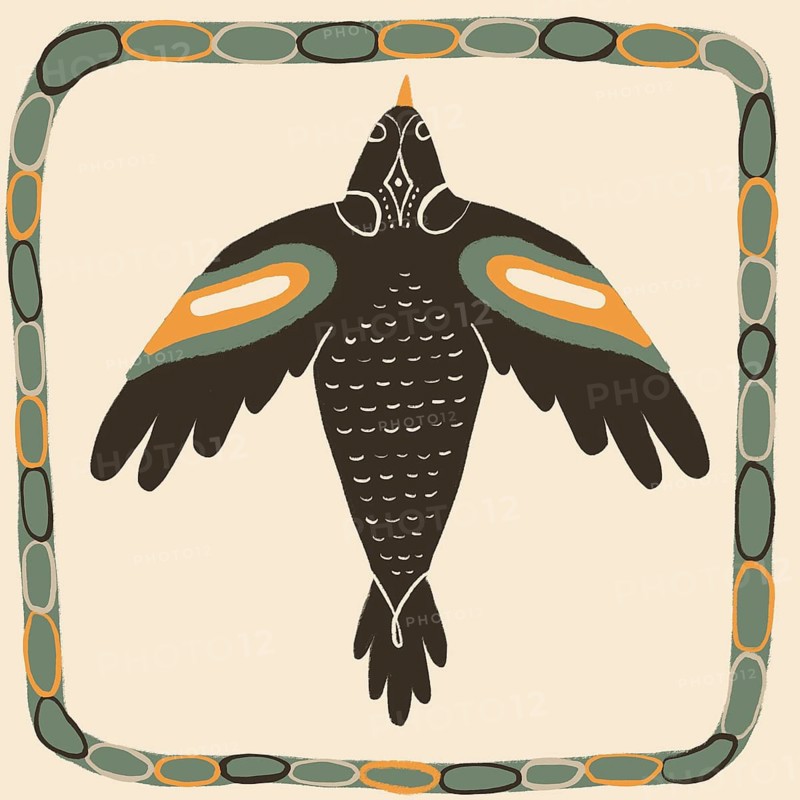 Stylized illustration of an animal in a desert motif, showcasing neoprimitive art. Bold black, orange, and green hues with intricate patterns, enclosed in a patterned border
