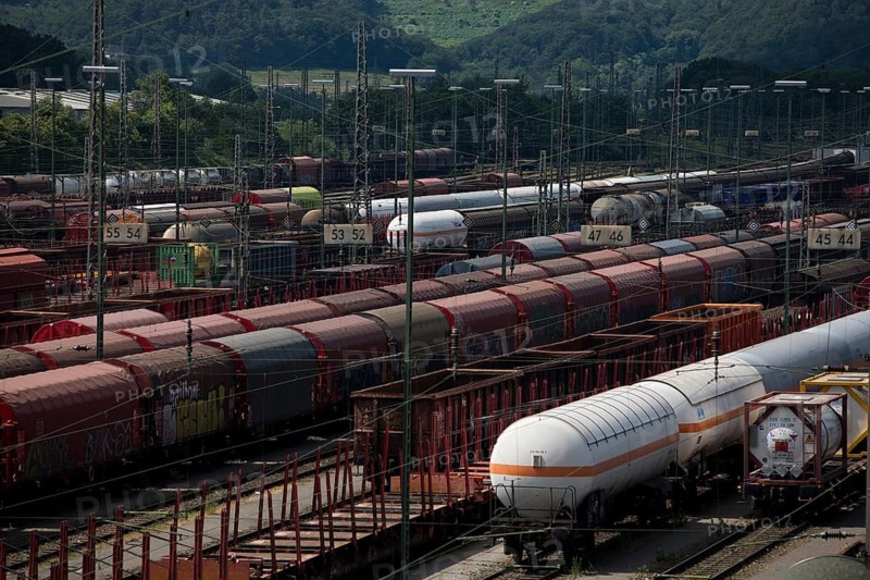 Train formation yard in the Vorhalle district, marshalling yard, goods trains, Hagen, Ruhr area, North Rhine-Westphalia, Germany