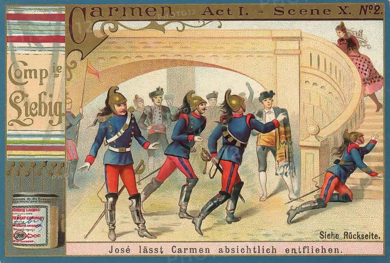 Picture series Opera Carmen, Jose lets Carmen escape on purpose, Liebig picture, digitally restored reproduction of a collector's picture from ca 1900, public domain, exact date unknown, Carmen escapes on purpose through a scenery with soldiers on a bridge