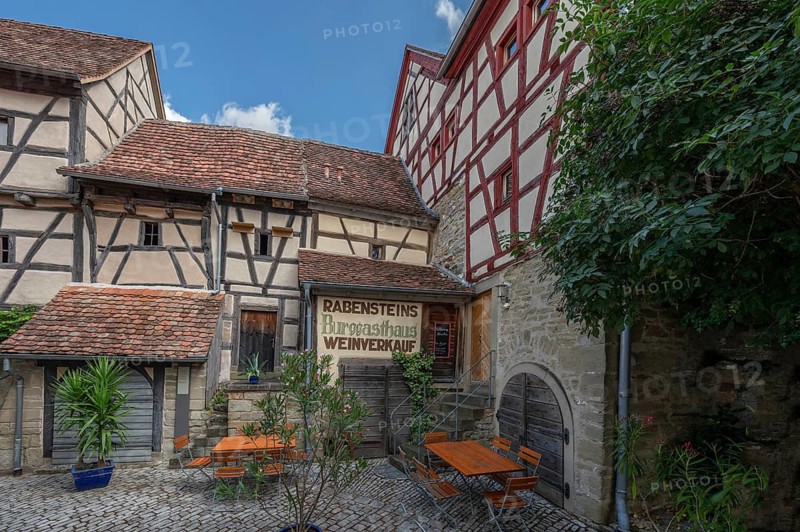 Burggasthaus in the historic fortified church, Hüttenheim, Lower Franconia, Bavaria, Germany