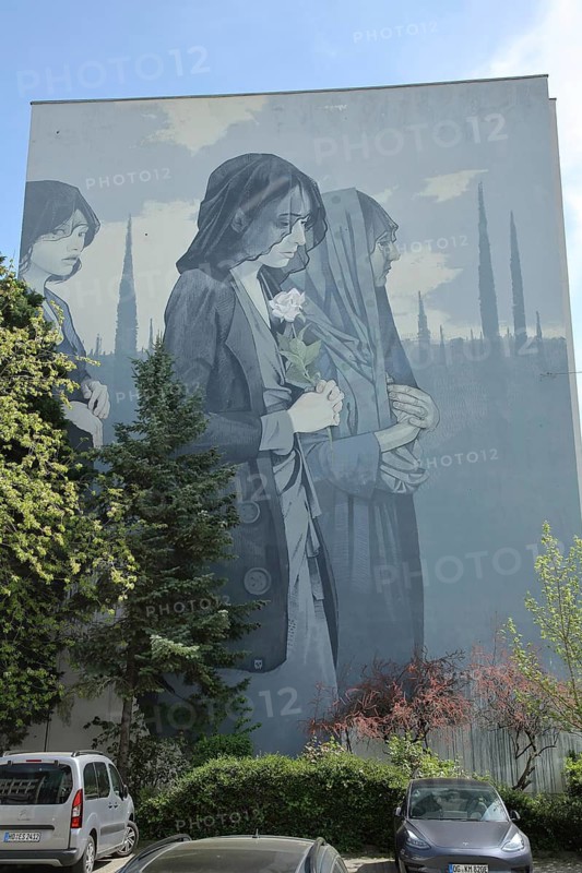 Mural Europe by Bezt Etam 2016, graffiti, street art, woman, mourning, veil, rose, grey, monochrome, city centre, Mannheim, Hesse, Germany