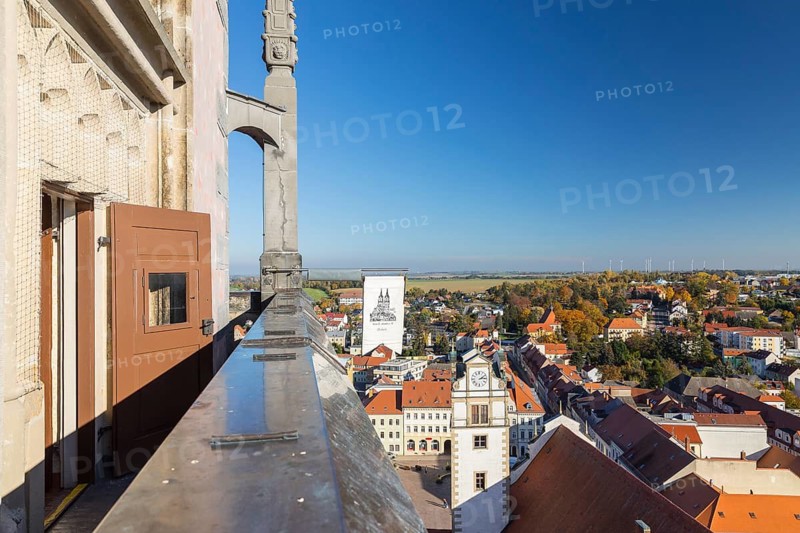 View of the town from the tower of St. Aegidien Church in autumn, with the town hall tower in the foreground, Oschatz, Saxony, Germany