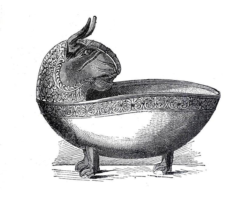 Ox-headed bowl, which is part of the famous treasure of Nagyszentmiklos, today Sannicolau Mare in Romania, illustration, reproduction from a 19th-century model. Authentic, file restored for optimal use, exact date of submission unknown, historical