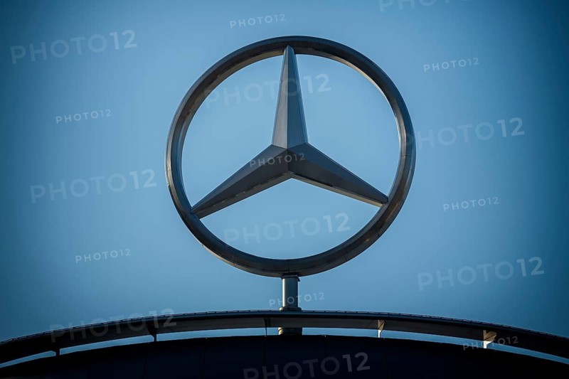 Close-up of the Mercedes logo under a blue sky, Mercedes star, Stuttgart-Untertürkheim, Baden-Württemberg, Germany