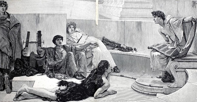A lecture from Homer. The scene shows a young poet reading from Homer's works on a marble balcony with a view of the sea while a small audience listens, 1885, illustration, reproduction from a 19th-century model. Authentic, file restored for optimal use, exact date of submission unknown, historical