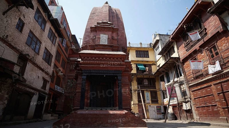 A traditional temple in Durbar Square, houses are supported with beams just after the earthquake in Kathmandu, Nepal