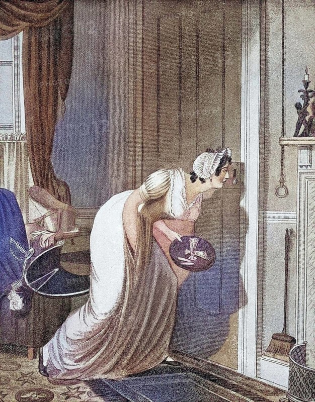 The Curious Woman, anonymous copperplate engraving c. 1810, Historic, digitally restored reproduction of an original 19th century original, exact original date unknown