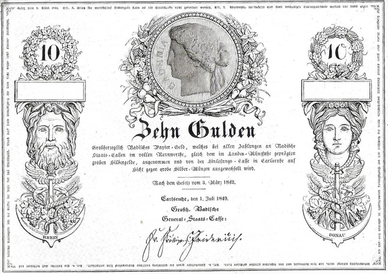 Banknote, banknote, ten guilders, Grand Ducal Baden paper money, 1949, Karlsruhe, Germany, reproduction of a historical banknote