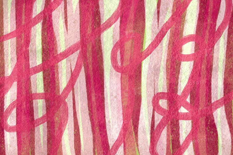An abstract watercolor design featuring flowing red lines on a textured background. The intertwining shapes and vibrant colors add depth and movement